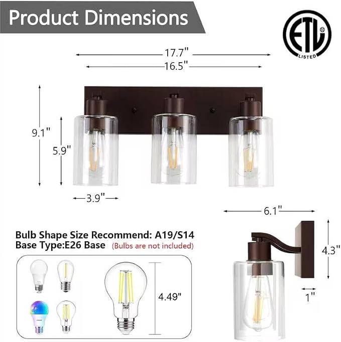 3 Lights Bathroom Light Fixtures Oil Rubbed Bronze Vanity Light with Clear Glass Shade 18in Modern Bathroom Lighting Fixtures Over Mirror for Bedroom/Living Room