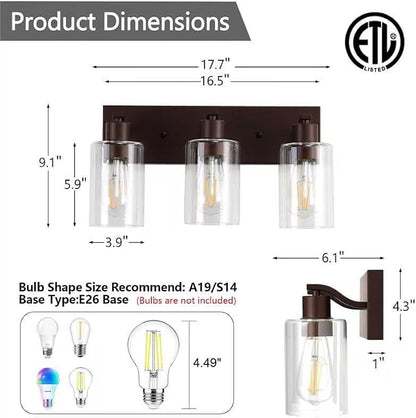 3 Lights Bathroom Light Fixtures Oil Rubbed Bronze Vanity Light with Clear Glass Shade 18in Modern Bathroom Lighting Fixtures Over Mirror for Bedroom/Living Room