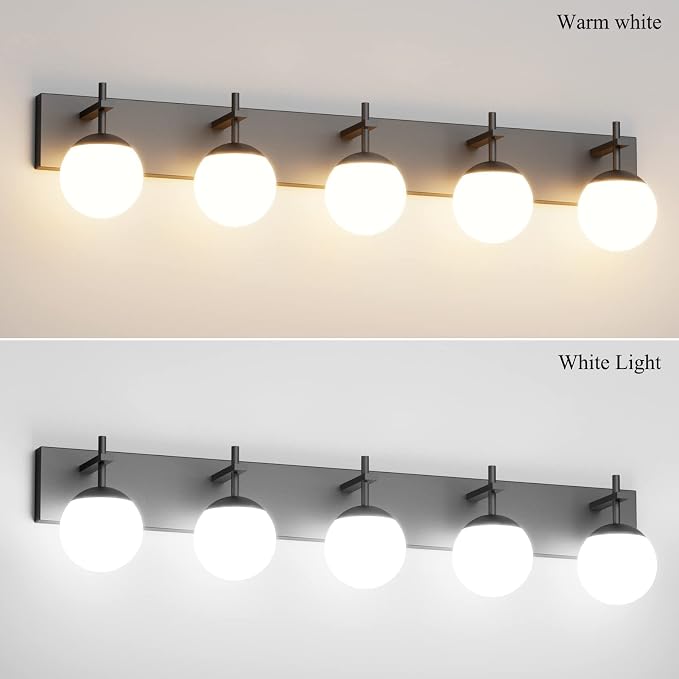 Ralbay Mid Century Modern Vanity Light 5-Light Matte Black Bathroom Wall Lighting Fitures Black Milky Glass Globe Vanity Light for Bathroom (Exclude Bulb)