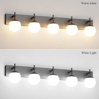 Ralbay Mid Century Modern Vanity Light 5-Light Matte Black Bathroom Wall Lighting Fitures Black Milky Glass Globe Vanity Light for Bathroom (Exclude Bulb)