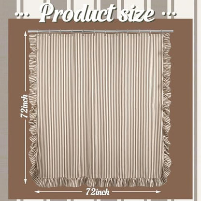 HunnmingRe Farmhouse Ruffled Striped Shower Curtain 72 x 72 Inch Brown Faux Linen Vintage Rustic Boho Stripe Shower Curtain with 12 Hooks for Bathroom Bathtubs Natural Decor