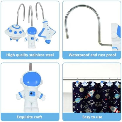 12-Piece Outer Space Galaxy Rocket Planet Shower Curtain Hooks