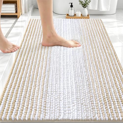 OLANLY Bathroom Rugs 30x20, Soft Chenille Striped Bath Rugs, Beige