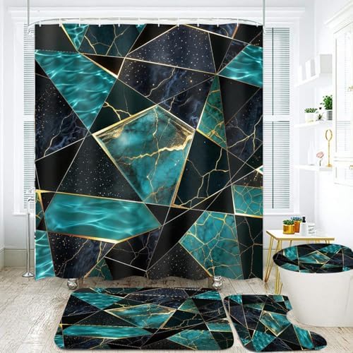 LQCOOL Teal Marble Geometric Shower Curtain Set Bathroom Sets Modern Shower Curtain Set for Bathroom Sets with Rugs and 12 Hooks