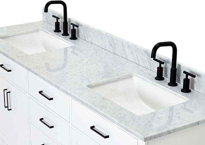 ARIEL Hepburn 72-inch Bathroom Vanity with Sink,Solid Wood, 0.75-inch Italian Carrara Marble Countertop, Double Rectangular Porcelain Sink, 4 Soft Closing Doors, 6 Dovetail Drawers, White