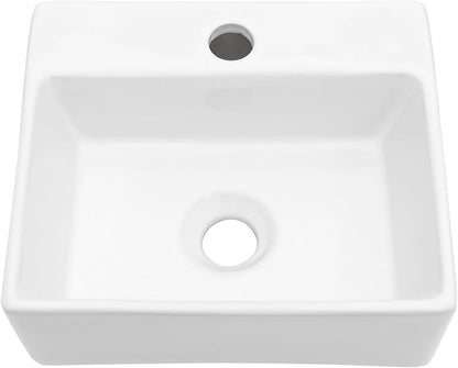 Sarlai Wall Mount Hung Small Vessel Sink - 13"x11" Floating Vessel Sink Wall Mounted Small Bathroom Sinks Tiny Modern Rectangle Floating White Porcelain Ceramic Vanity Sink