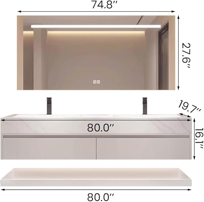 80" Double Sink Modern Bathroom Vanity Set with LED Mirror, Seamless Design with Ceramic Sink & Quartz Countertop, Paint-Free Multi-Layer Solid Wood Cabinet, Soft-Close Doors, White‌