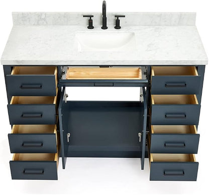 DKB Isabella 54" Midnight Blue Bathroom Vanity with Sink, 1.5" Edge Italian Carrara Marble Countertop, Rectangular Sink, 2 Soft-Closing Doors, 9 Dovetail Drawers