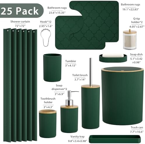 Bathroom Accessories Set 25 PCS, Dark Green Shower Curtains Set