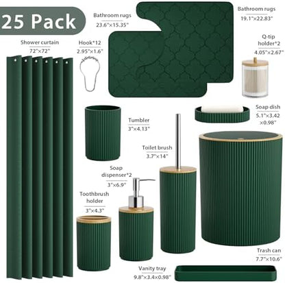 Bathroom Accessories Set 25 PCS, Dark Green Shower Curtains Set