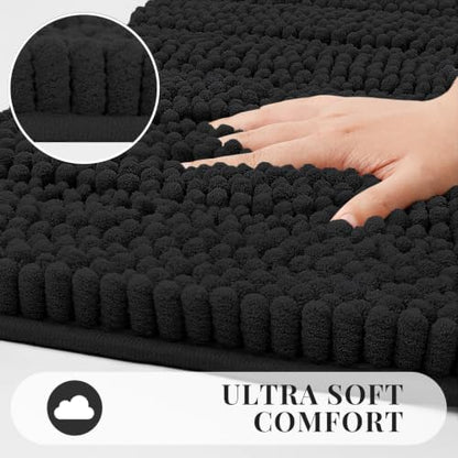 Bcoimo Bath Rug Mat,30x20 Chenille Non Slip Black Bathroom Floor Shower Mat