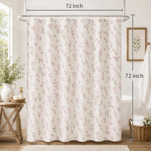 Leowefowa Pink Wildflower Farmhouse Shower Curtain, Vintage Cottagecore Floral Bathroom Decor, Linen Look Fabric Bath Curtain, Rustic Country Style Waterproof Shower Curtain, 72 x 72 Inch