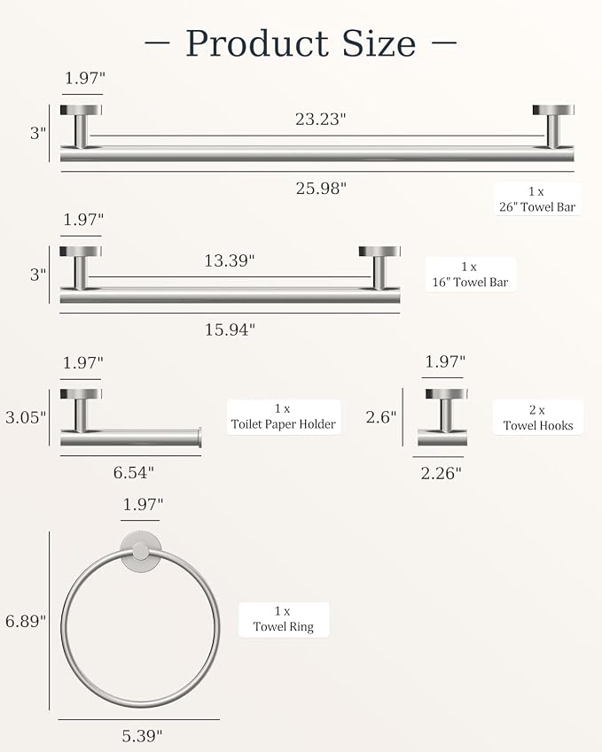 Brushed Nickel Bathroom Accessories Set SUS304 Stainless Steel 6 Pieces | Evolvegoods Bathroom Hardware Set, 16&26 Inch Bath Towel Bar Set, 2 Towel Hooks, Toilet Paper Holder, Towel Racks