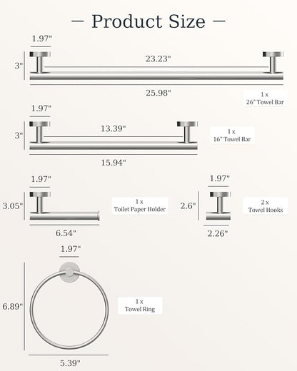 Brushed Nickel Bathroom Accessories Set SUS304 Stainless Steel 6 Pieces | Evolvegoods Bathroom Hardware Set, 16&26 Inch Bath Towel Bar Set, 2 Towel Hooks, Toilet Paper Holder, Towel Racks