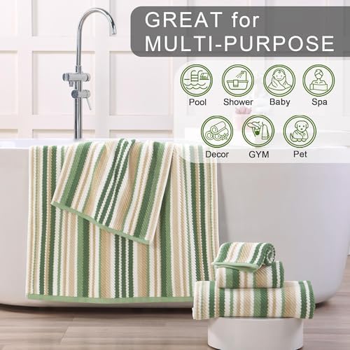 VOOVA & MOVAS Striped Towels 6 Pack, 100% Cotton, Sage Green