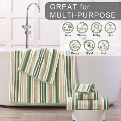 VOOVA & MOVAS Striped Towels 6 Pack, 100% Cotton, Sage Green