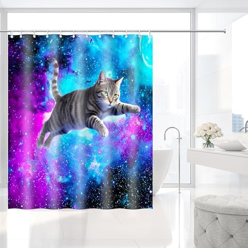 Space Tabby Cat Blue Purple Nebula Shower Curtain with Hooks 72 x 72 Inches
