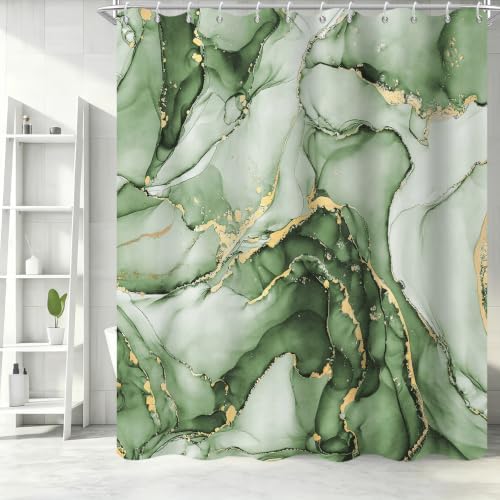 Olive Green Marble Shower Curtain Modern Abstract Luxury Gold Ink Texture Ombre Watercolor Bathroom Curtain Set with Hooks Soft and Lightweight Waterproof Fabric Machine Washable 48" Wx72 L