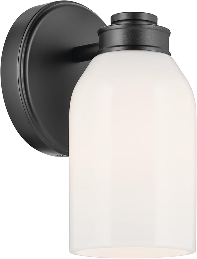 Kichler Shae 5" 1-Light Wall Sconce with White Opal Glass in Black, Modern, for Vanity, Fireplace, Buffet, Hallway, Vanity Mirror, (8.25" H x 5" W), 55200BK