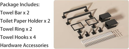 10-Piece Square Bathroom Hardware Set 24" Towel Bar X2, Toilet Paper Holders with Shelves X2, Towel Hooks X4, 2X Towel Rings X2 Bathroom Accessories (Matte Black-24inch)
