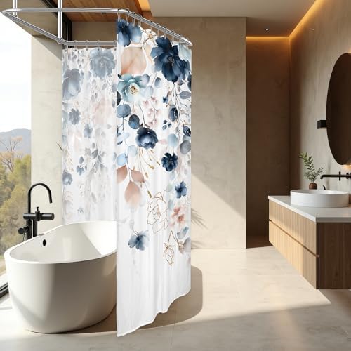 Pink Blue Floral Extra Wide Rustic Bathroom Shower Curtain Set