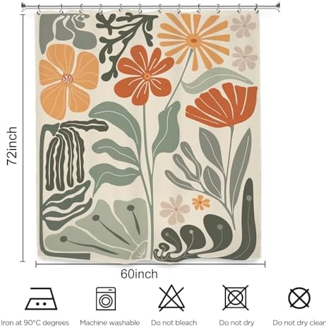 Retro Flower Matisse 70s Shower Curtain 60Wx72L Inch Colorful Groovy Vintage Trendy Funky Sage Green Orange Bathroom Set Accessories Decor with 12 Pack Hooks