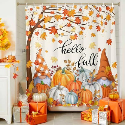 Shower Curtain Bathroom Set Autumn Gnome Orange Maple Tree Waterproof Shower Curtains with Grommets Hooks Thanksgiving Pumpkin Watercolor Privacy Bath Curtain for Bathtub Decor 48x72in