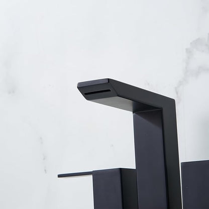 IKEBANA Matte Black Waterfall Bathroom Faucet, 4 inch 2 Handle 304 Stainless Steel Bathroom Sink Faucet, Modern Waterfall Spout Lead-Free Sink Faucets with Pop-up Drain and Supply Hoses