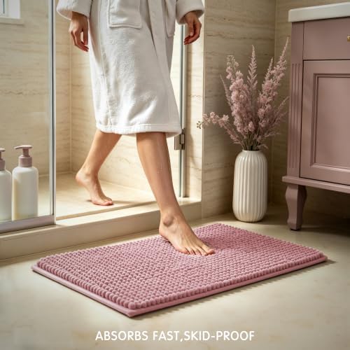 SUBRTEX Bathroom Rugs, 20" x 32" Chenille Bath Rug Soft Short Plush Bath Mat Soft Shower Mat Water Absorbent Shower Mat Quick Dry Machine Washable, Pink