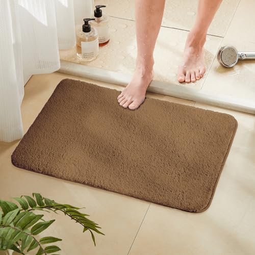 TECHMILLY Fluffy Bathroom Rug Mat 32x20, Absorbent Thick Non Slip Microfiber Mats, Quick Dry Machine Washable Bath Rug for Bathroom Floor, Bathtub and Shower, Tan