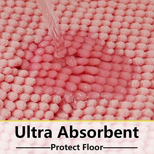 Bathroom Rugs Chenille 3-Piece Extra Soft and Absorbent Shag Bathroom Rugs, Machine Wash Mat, Strong PVC Non-Slip Underside, Plush Carpet Mats (Pink)