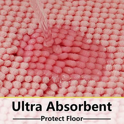 Bathroom Rugs Chenille 3-Piece Extra Soft and Absorbent Shag Bathroom Rugs, Machine Wash Mat, Strong PVC Non-Slip Underside, Plush Carpet Mats (Pink)