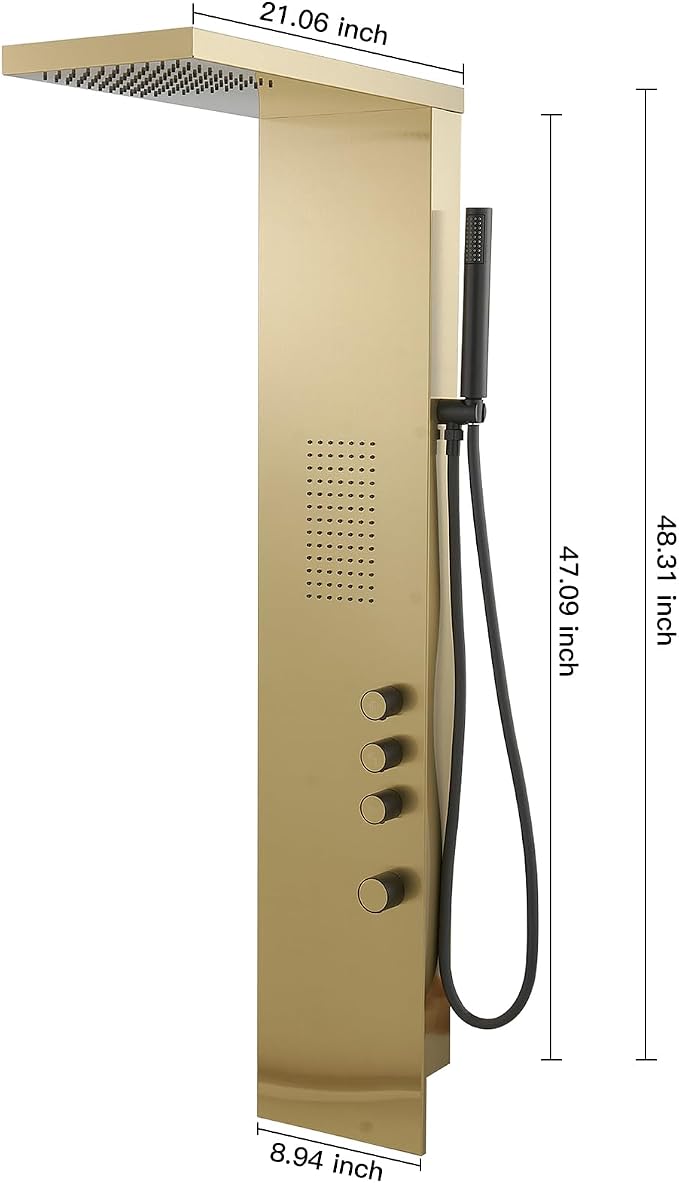 BWE 3 IN 1 Shower Panel Stainless Steel Shower Panel Tower System | Rainfall Shower Head with Handheld Shower and Rain Massage Body Jets Wall Mount Shower System,Brushed Gold