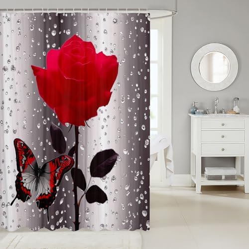 Feelyou Red Rose Butterflies Polyester Fabric Shower Curtain Sets with Hooks,Modern Bathroom Home Decor, Waterproof 72"x72"