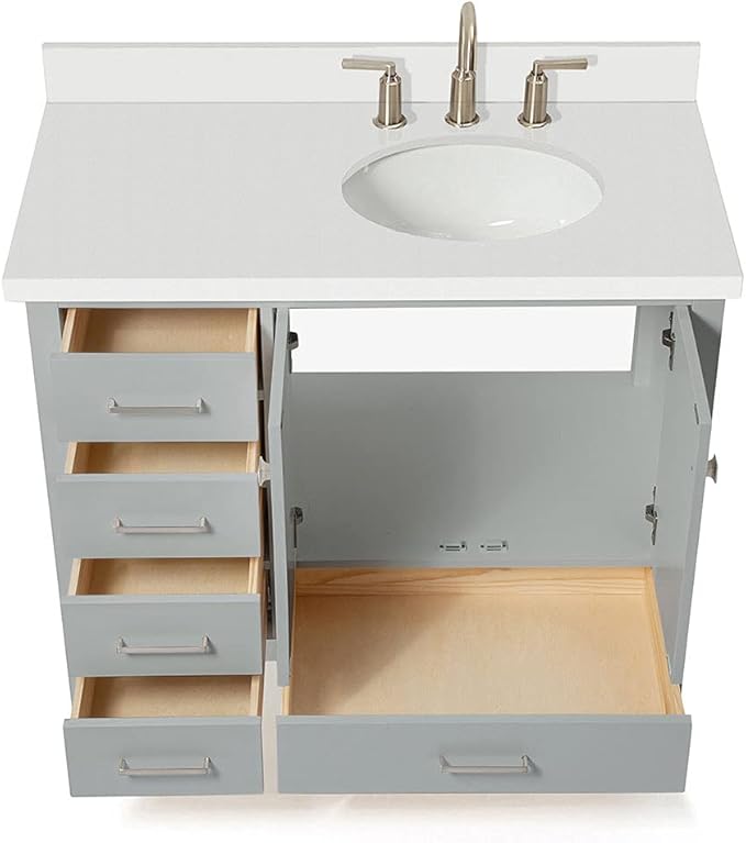 ARIEL Cambridge 42-inch Bathroom Vanity with Sink,Solid Wood, 1.5-inch Pure White Quartz Countertop & Backsplash, Single Oval Porcelain Sink, 2 Soft Closing Doors, 5 Dovetail Drawers, Grey