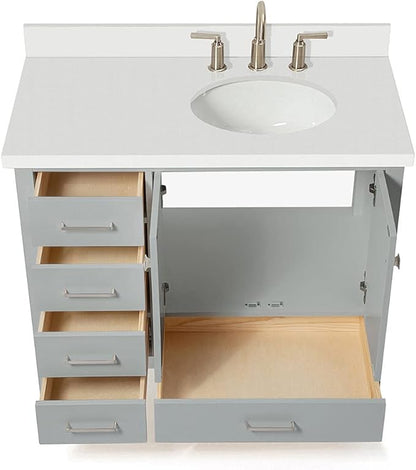 ARIEL Cambridge 42-inch Bathroom Vanity with Sink,Solid Wood, 1.5-inch Pure White Quartz Countertop & Backsplash, Single Oval Porcelain Sink, 2 Soft Closing Doors, 5 Dovetail Drawers, Grey