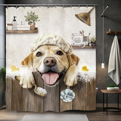 Funny Dog Farmhouse Shower Curtain 60Wx72L Inch Rustic Hilarious Labrador Pet Animal Country Bathroom Set Accessories Decor with 12 Pack Hooks