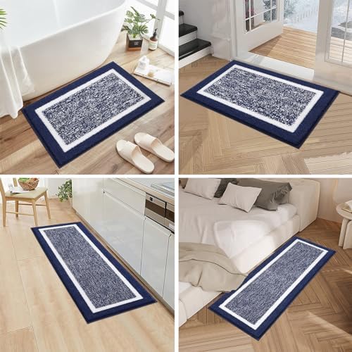 Pauwer Bathroom Rugs 3 Piece Set, Non Slip Washable Bath Mat, Navy