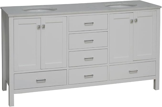 Horizon 72-inch Double Bathroom Vanity (Engineered Carrara/White): Includes White Cabinet with Engineered Carrara Countertop and White Ceramic Sinks
