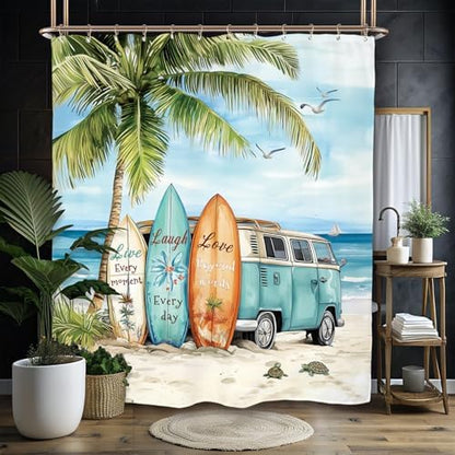 Miyotaa Coastal Beach Palm Surfboard Shower Curtain Set 60Wx71H Inches Ocean Summer Tropical Scenery Hawaii Camping Waterproof Bathroom Curtain with 12 Hooks