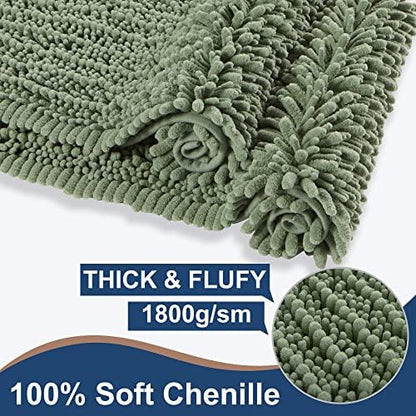Luxury Chenille Sage Green Bathroom Rugs Sets 2 Piece, Thickened Hot Melt Rubber Bottom Bath Mats for Bathroom Non Slip,Bath Rugs Quick Dry Machine Washable for Shower Mat (47"x17"+17"x24")