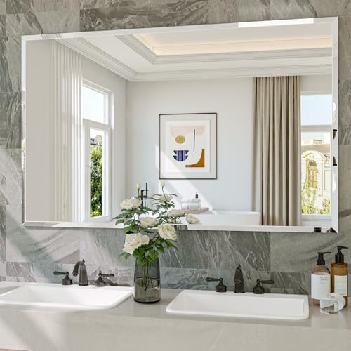 Frameless Bathroom Mirror, 48" x 30" Beveled Wall Mirror