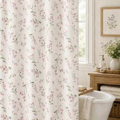 Leowefowa Pink Wildflower Farmhouse Shower Curtain, Vintage Cottagecore Floral Bathroom Decor, Linen Look Fabric Bath Curtain, Rustic Country Style Waterproof Shower Curtain, 72 x 72 Inch
