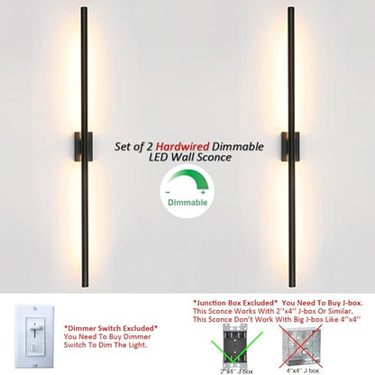 Only Suitable for Small Junction Box Set of 2 Dimmable Hardwired Linear Black LED Wall Sconce Narrow Small Base 40 Inch Vanity Wall Light for Living Room Bedroom (2 Pack, 40'', Black, Dimmable)