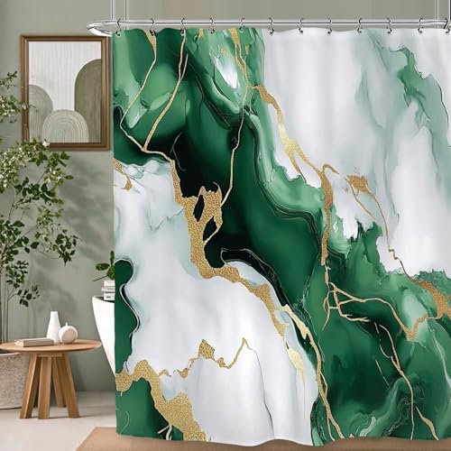 Emerald Green Marble Art Shower Curtain 60Wx72L Inch Abstract Modern Contemporary Bathroom Set Accessories Decor with 12 Pack Hooks