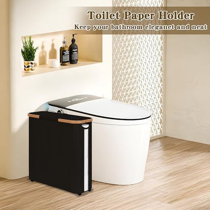 Toilet Paper Storage Basket with Lid - The Ultimate Bathroom Organizer, Free Standing Toilet Paper Holder for Up to 12 Mega Rolls, Toilet Tissue Storage Bin with Handle for RV Closet, Black