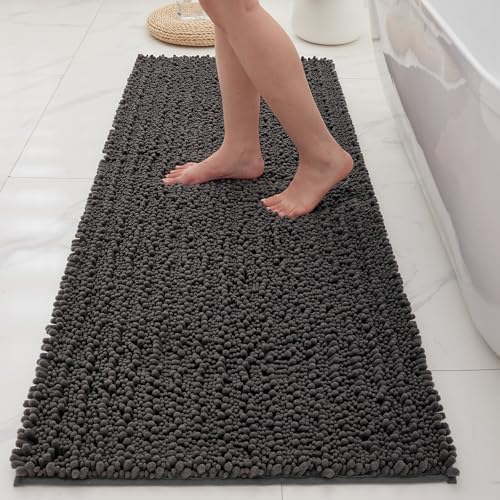 Bathroom Rugs Non Slip Washable 70x24, Extra Thick Soft Chenille Absorbent Bath Mat, High Density Barrier Non Slip Backing, Quick Dry Plush Shaggy Floor Carpet for Tub&Shower, Darkgrey