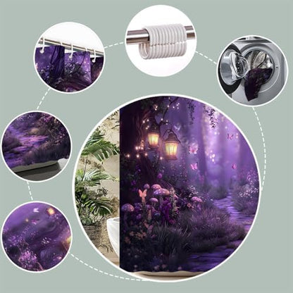 Fantasy Forest Path Shower Curtain Purple Fairy Magical Enchanted Misty Jungle Mushroom Floral Tree Butterfly Lantern Wonderland Bath Curtain Fabric Bathroom Accessories Decor with Hooks 70W x84L