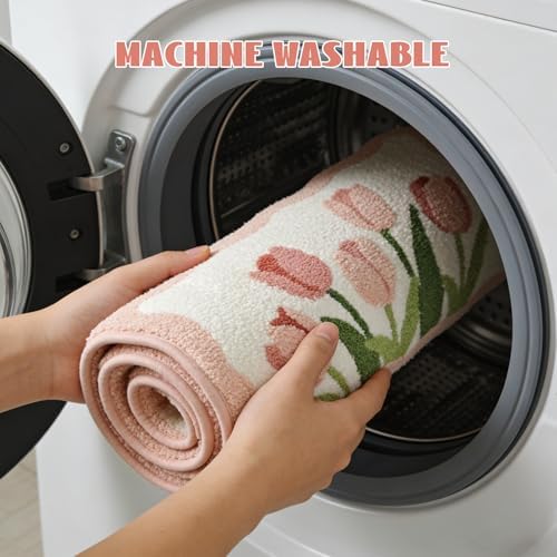 Pink Tulip Bath Mat 32x20, Soft Fluffy Fresh Flowers Bathroom Rug