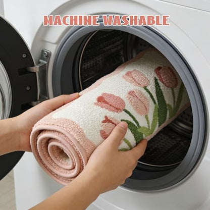 Pink Tulip Bath Mat 32x20, Soft Fluffy Fresh Flowers Bathroom Rug